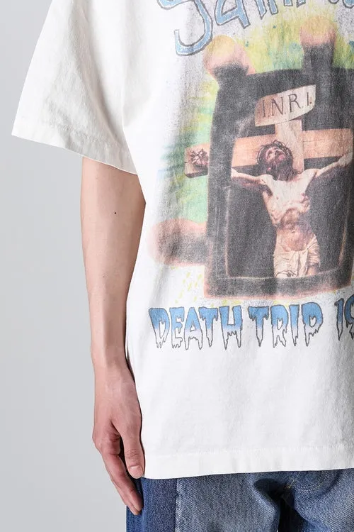 SAINT MICHAEL SAINT WAR TEE/WHAT new style Jesus cross retro short-sleeved, off-white S-XL, ready-to-wear, washed and distressed, printed repeatedly and modified, tube-woven seamless fabric, with little angel anti-counterfeiting label